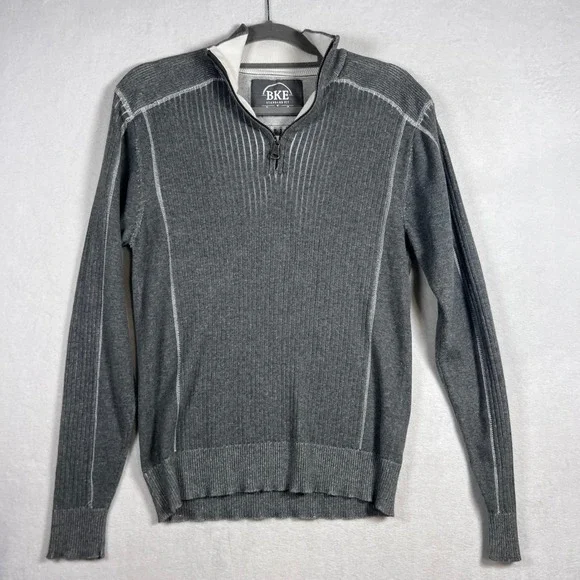 BKE Mens Quarter Zip Sweater Charcoal Gray Ribbed Cotton‎ Standard Fit Medium