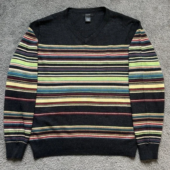 Vintage Y2K Mens Large Merino Wool Striped Grandpa Sweater Rainbow V-Neck Cezani