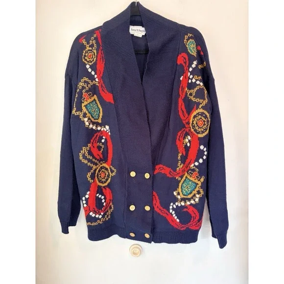 Vintage 90s Norton McNaughton Cardigan Navy Nautical Chain‎ Large Grannycore