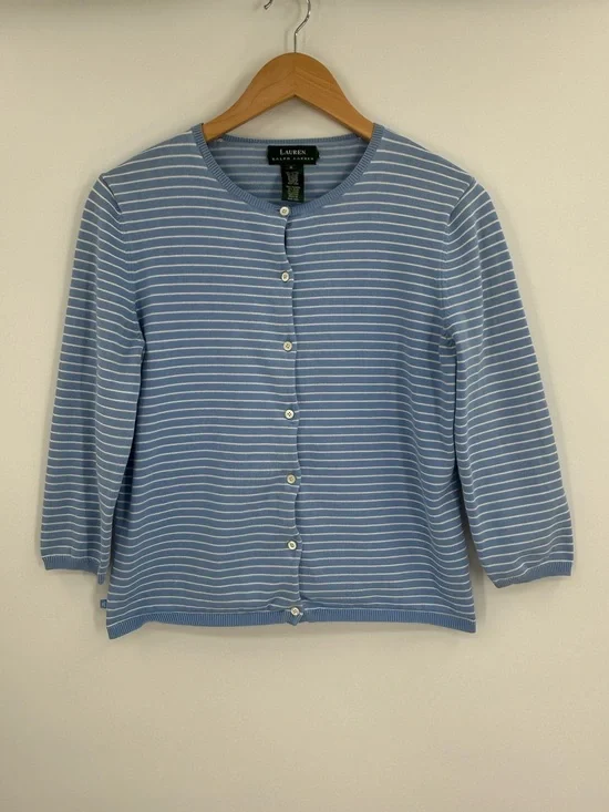 Lauren Ralph Lauren Striped Button Front Cardigan 3/4 Sleeve | Blue / White | M