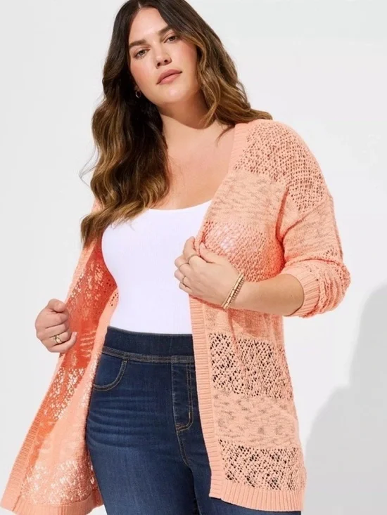 Torrid Open Stitch Peach Orange Cotton Long Cardigan Sweater Size 1XL