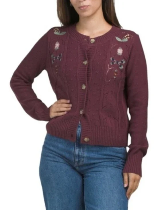 Lucky Brand wine color pointelle knit floral embroidered cardigan sweater
