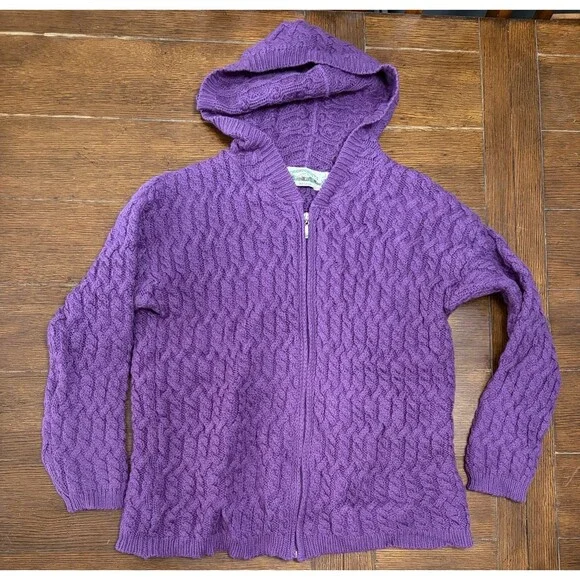 Aran Crafts Merino Wool Ireland Cable Knit Zip Cardigan Womes L Purple Sweater