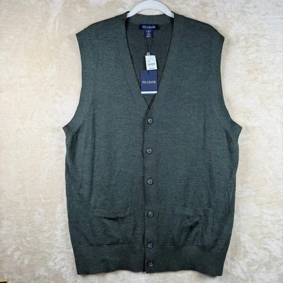 Jos A Bank Merino Wool Cardigan Vest Mens XLT Green Button Front NWT Old Money‎