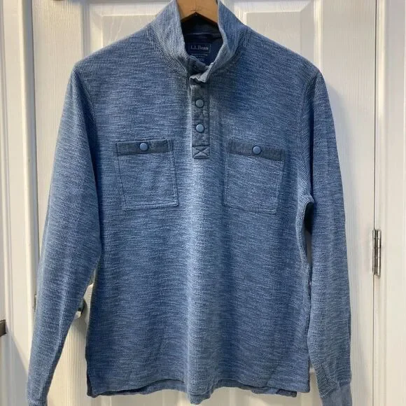 L.L. Bean Pull Over Cotton Sweater Mid Blue / Grey Snap T Pocket Size Large Reg