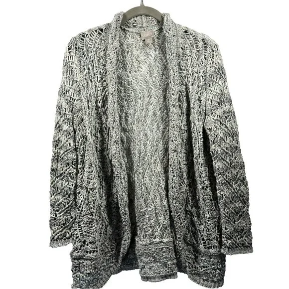 Chico's Women's Jacket Size Large Weave Ribbon Gray Ivory Open Knit Long Sleeve‎