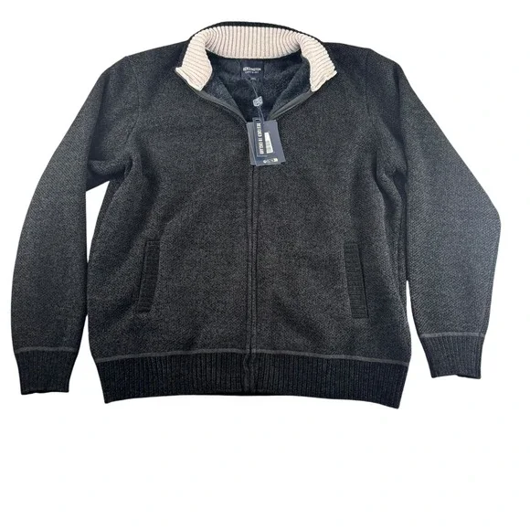 Kensington Eastside Mens XXL Black Marl Faux Fur Lined Full Zip Sweater Jacket