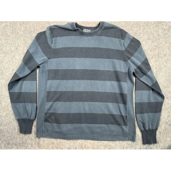Lucky Brand Sweater Men XL Blue Black Striped Knit Classic Crew Neck Long Sleeve
