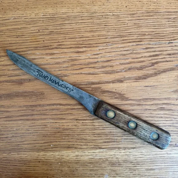 Vintage Hand Hammered Carbon Steel Butcher Knife Wood Handle Primitive‎ Rustic