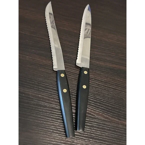 Lot of 2 Lucerne Stainless Steel Serrated Steak Knives Black Rivet Handles USA