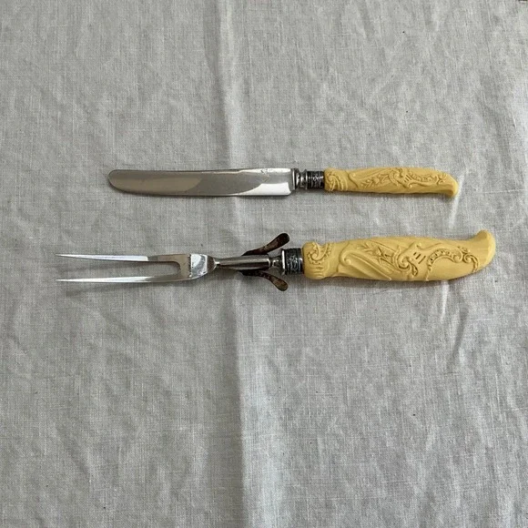 Universal‎ Vintage Carving Set Faux Bone Celluloid Floral Scroll Stainless Steel