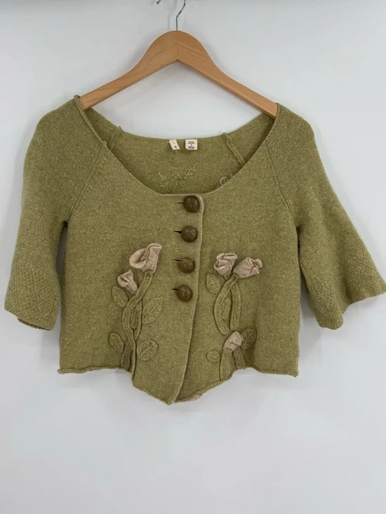Anthropologie Moth Floral Applique 3/4 Sleeve Button Front Cardigan | Green | S