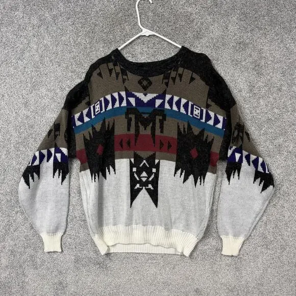 Vintage 80s 90s St Johns Bay Sweater L Aztec Tribal Western Gothic Grandpacore