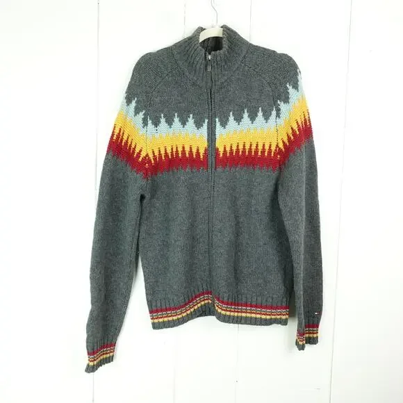 VTG Tommy Hilfiger‎ Cardigan Sweater Mens SZ L Wool Chunky Knit Full Zip Read