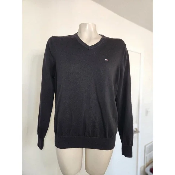 Tommy Hilfiger Mens Black Premium Cotton V-Neck Sweater M Flag‎ Logo Pullover