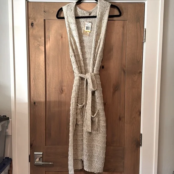 NWT Democracy Metallic Long Duster Cardigan Sweater Vest sleeveless belted Woven