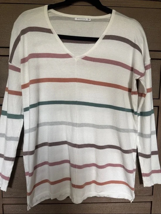 Staccato striped sweater Womens S Viscose V Neck Soft Classic Preppy Nautical