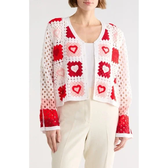 LIV LOS ANGELES Boho Heart Crochet Sweater‎ Cardigan