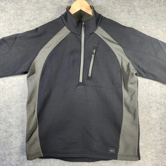 REI Mens Half Zip Fleece Pullover Black Grey Large Gorpcore Outdoor Utility Mock