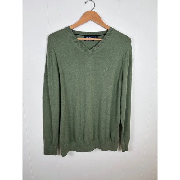 Nautica V-Neck Men's Sweater Luxury Performance Cotton Blend Olive Green Large‎
