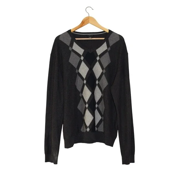 J. Ferrar Argyle‎ Sweater Mens XL Charcoal Grey Cotton V-Neck EUC Modern Fit