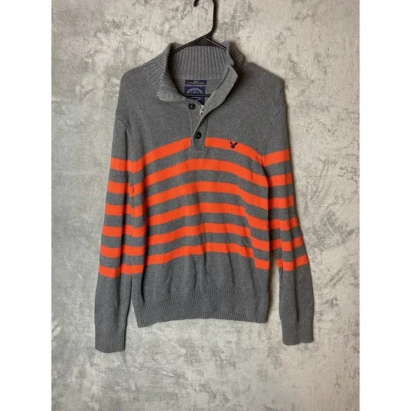 American Eagle Mens L Athletic Fit Sweater Gray Orange Striped