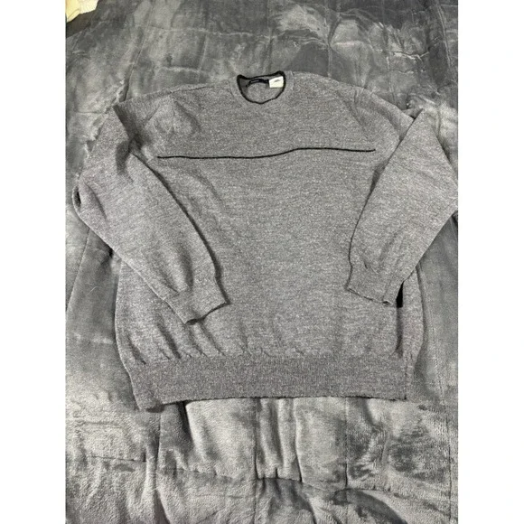 Bossini Mens Large 100% Pure‎ Merino Wool Crewneck Sweater Grey Striped Woolmark