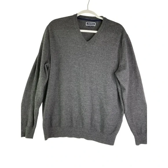 Club Room Mens Merino Wool Pullover Grey V-Neck Sweater Preppy Quiet Luxury XL