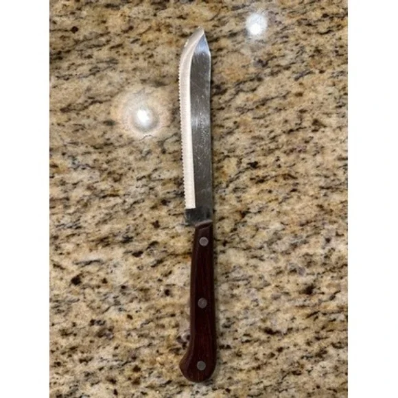 Vintage Medallion Serrated Edge‎ Butcher Knife Stainless Steel Japan Wood Handle