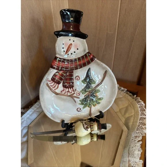 Snowman Ceramic Tray‎ With Matching Knife