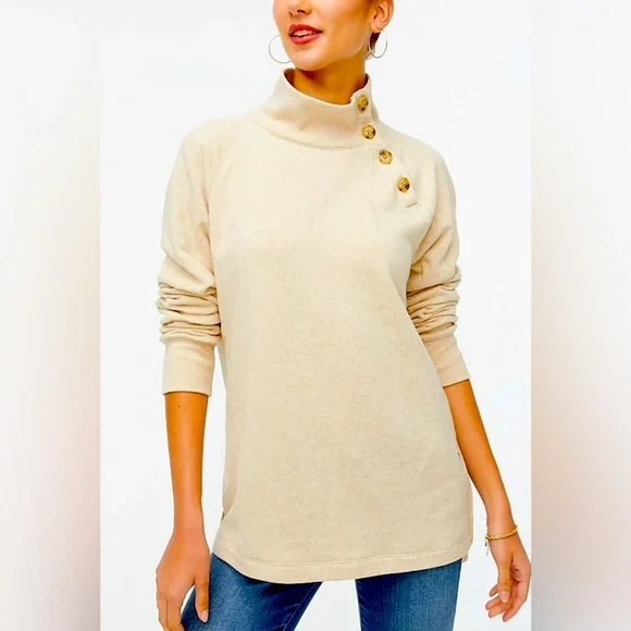 NWT NEW J J. CREW Pullover Sweatshirt Cream Long Sleeve Button Collar Cotton M