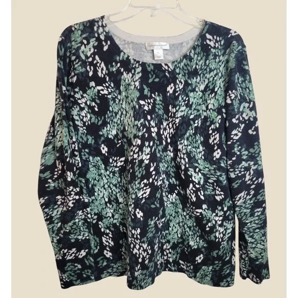 Christopher & Banks Sweater Abstract Print Crewneck Knit Pullover Green Blue XL