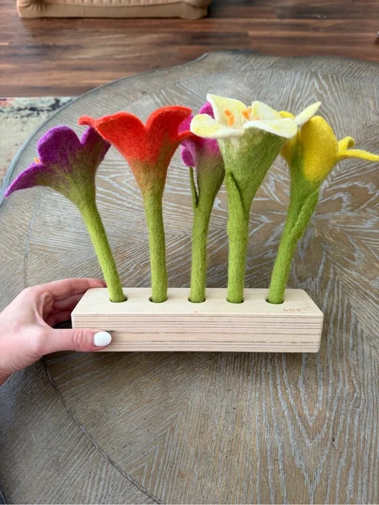 Lovevery felt flowers in a row Flower Stems in Wooden Block Vase
