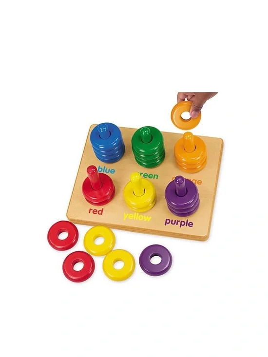 Wooden Color Ring Stacking Toy - Red, Yellow, Blue, Green, Purple, Orange 2+