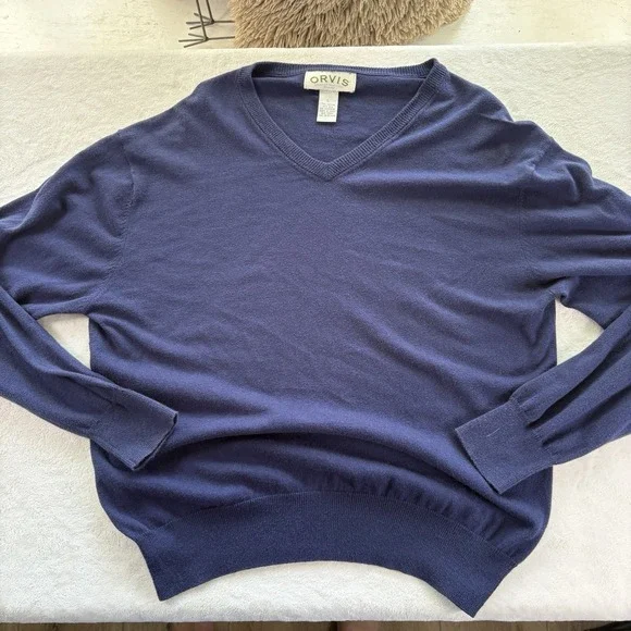 Orvis Men's Large Blue V-Neck Sweater Cotton‎ Silk Cashmere Blend Long Sleeve