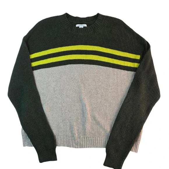 American‎ Eagle Sweater Men's M Green Gray Yellow Stripe Crew Neck Knit Pullover
