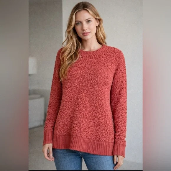 Cupio Women's Burnt Orange Popcorn Textured Crew Neck Sweater   Size-Medium