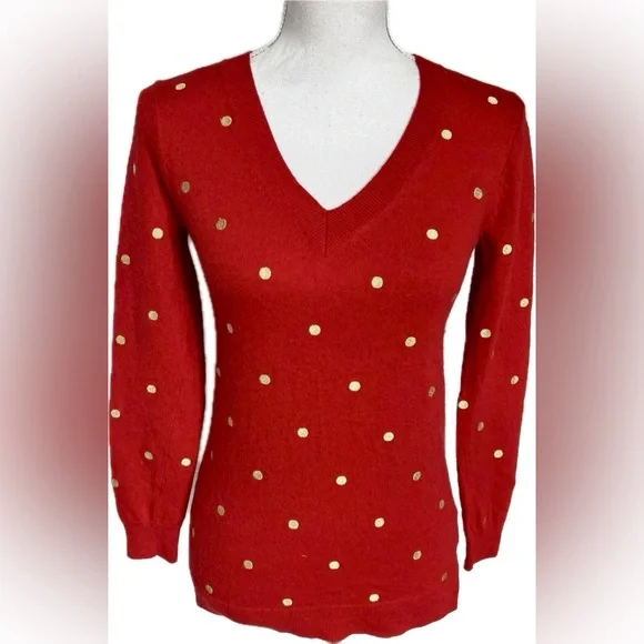 J. Crew Pullover Sweater Metallic Polka Dots Contrasting Color Red Wool Blend L