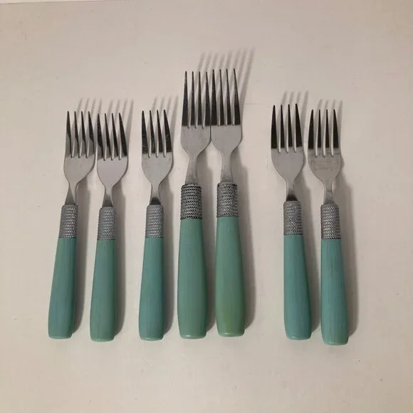 7‎ - Vintage Cambridge Forks Green Stainless Flatware Plastic Handle 7 or 8