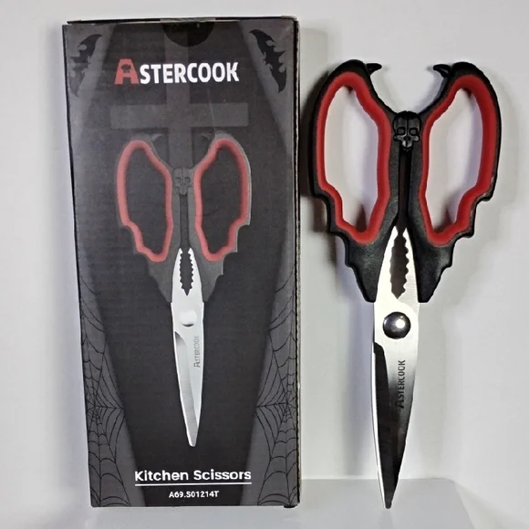 Astercook Skull Bat Wings Red and Black Kitchen Scissors Horror Goth Decor