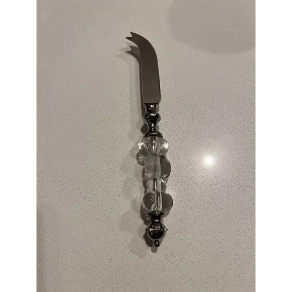 Cheese Knife Stainless Steel Glass Clear White Beaded Handle‎