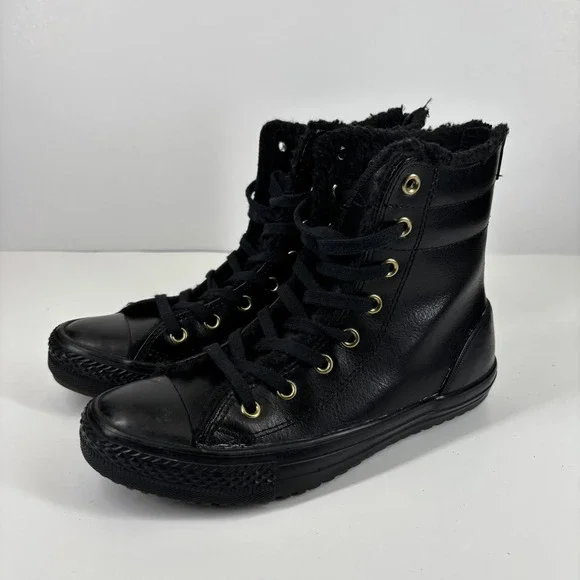 Converse Chuck Taylor All Star Hi-Rise Junior US 3/EU 35 Black Leather Fur Boots
