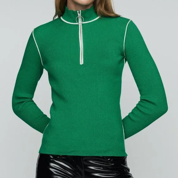 Maje | Emerald Green Ribbed Knit Sweater with Trucker Collar - XS