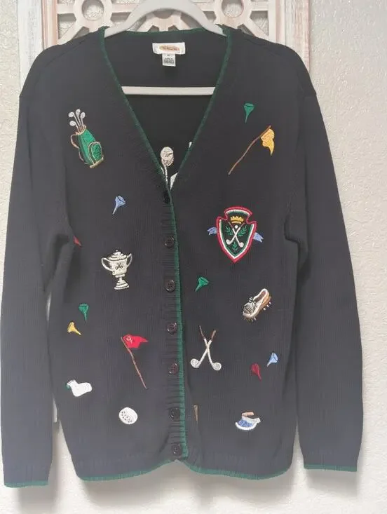 Vintage 90s Talbots navy golf themed sweater cardigan women's M 100% cotton