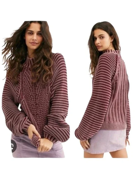 Free People Sweetheart Cable Knit Turtleneck Sweater In Rouge Combo Size Large