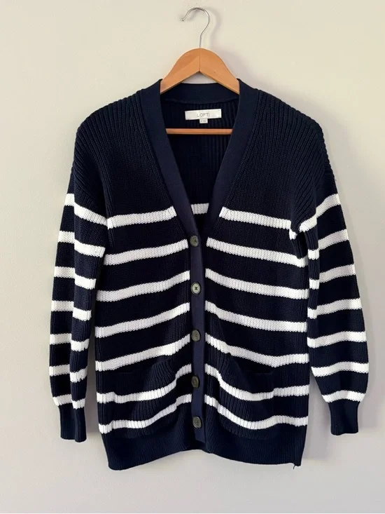 LOFT Navy‎ & White Striped Cotton Cardigan Button Front Preppy Knit Sweater M
