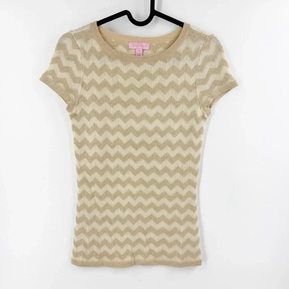 ✅ Lilly Pulitzer Sydney gold chevron zigzag short sleeve‎ sweater top X-SMALL