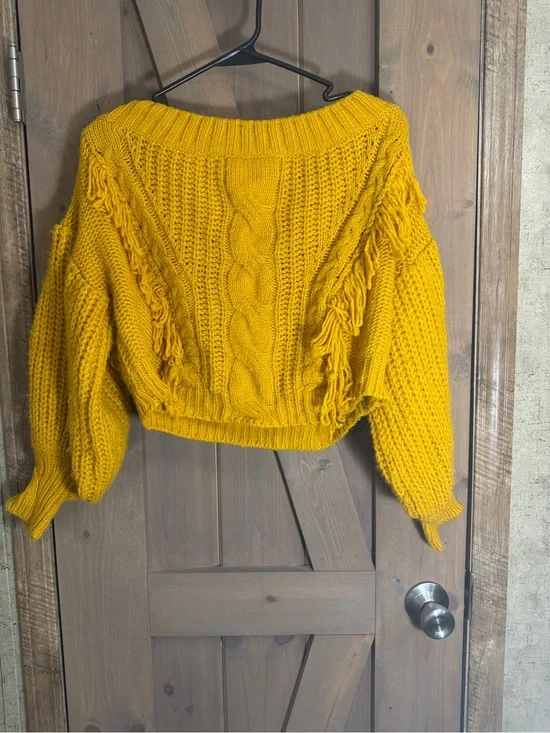 Blue Blush Mustard Cropped Cable Knit Fringe Sweater