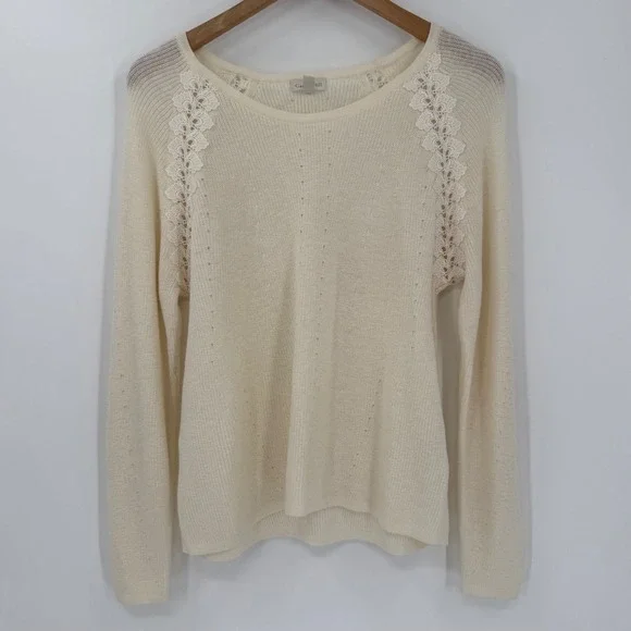 Garnet Hill‎ Merino Wool Cotton Lace Shoulder Sweater Ivory Size Medium