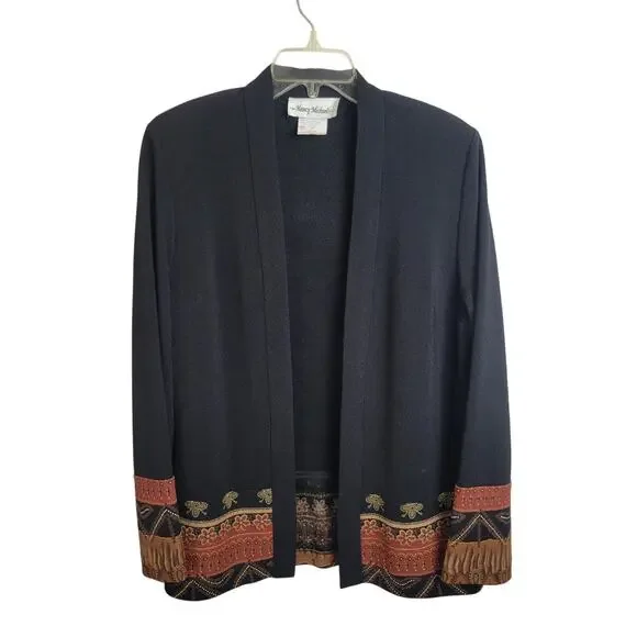 NWT Nancy‎ Michaels Black Floral Open Front Cardigan Sweater Women's Size 8